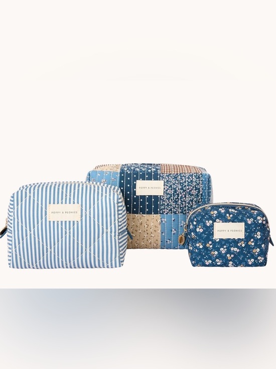 Poppy & Peonies Handbags - Poppy & Peonies Floral Patchwork Cosmetic Bag  3Pc Set!- Navy 🍁Set Price